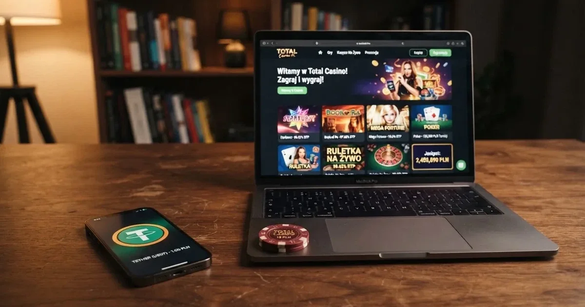 Ekran laptopa z otwartą stroną porównania kasyn online obok fizycznego żetonu i symbolu kryptowaluty Bitcoin Cash.